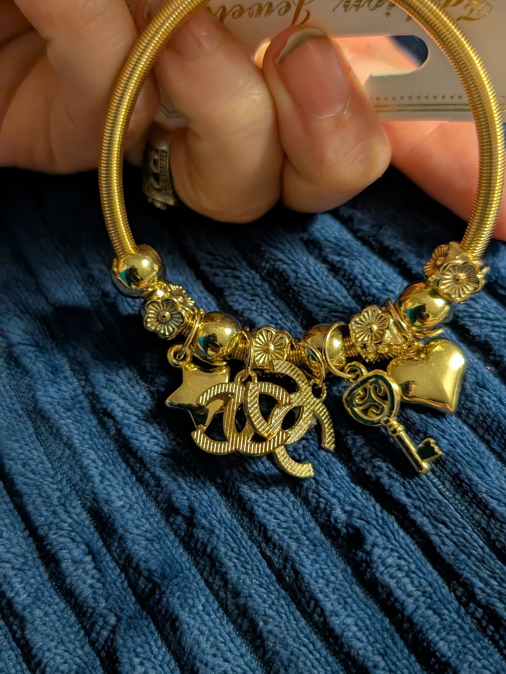 Gold Charm Bracelet with Heart, Star, Key and Interlocking Logo Charms
